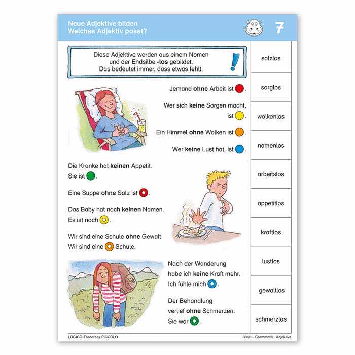 Grammatik | LOGICO-Foerderbox PICCOLO | Beispielkarte Adjektive bilden | 3360