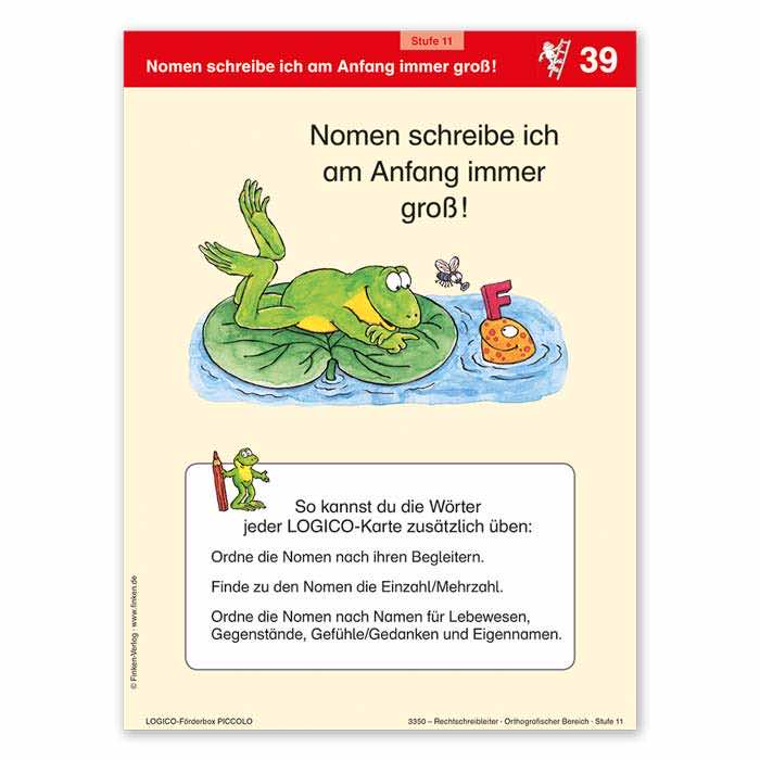 Rechtschreibleiter | LOGICO-Foerderbox PICCOLO | Beispielkarte Nomen schreibe ich am Anfang immer gross | 3350