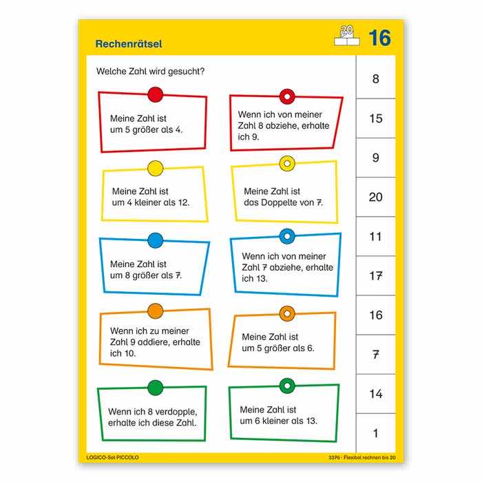 Flexibel rechnen bis 20 | Produktive Uebungsformate | LOGICO-Set PICCOLO | ab 1. Klasse | Beispielkarte „Rechenraetsel“ | 3376