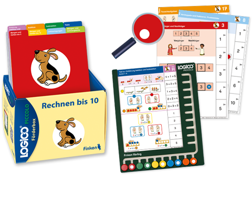 Zu den LOGICO-Foerderboxen LOGICO-Foerderbox mit LOGICO-Rahmen und Beispielkarten. Detailansicht auf Markeirung der Differenzierung