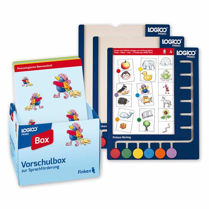 Vorschulbox zur Sprachförderung LOGICO PRIMO mit drei LOGICO Rahmen PRIMO Logico Primo Vorschulbox zur Sprachförderung von Finken-Verlag. Es ist ein Lernspiel für Kinder im Vorschulalter, das die phonologische Bewusstheit fördert