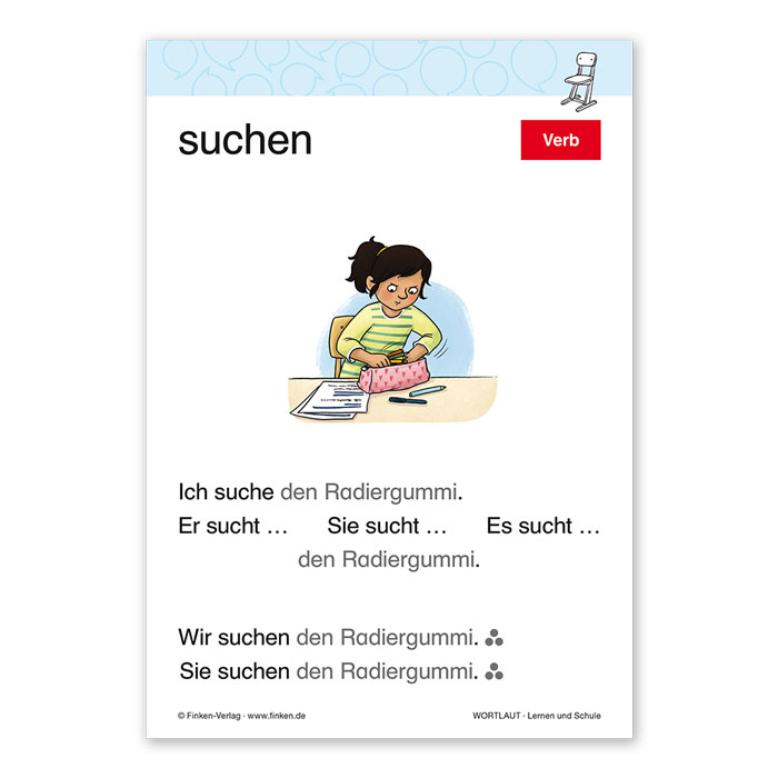 Rückseite Wortbildkarte zum Verb „suchen“ aus dem Materialpaket „Wortlaut“