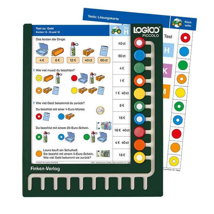 Sachrechnen, Groessen, Raum und Form 1 und 2 | LOGICO-Uebungsbox PICCOLO | Testkarte im LOGICO-PICCOLO-Rahmen mit Loesungskarte | 3353