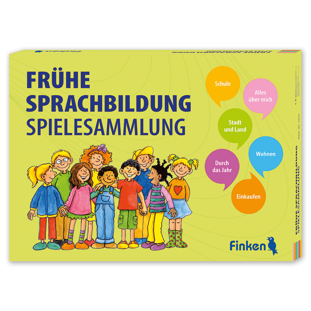 Spielesammlung Frühe Sprachbildung mit einer bunten Illustration mit einer Gruppe von Kindern, die sich freuen und miteinander sprechen