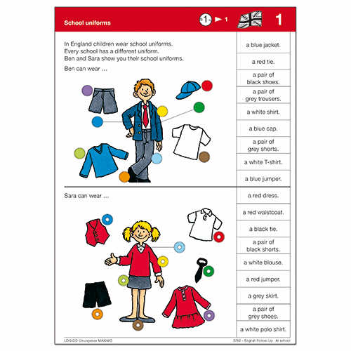 English Follow Up | LOGICO-Uebungsbox MAXIMO | Beispielkarte School uniforms | 3780