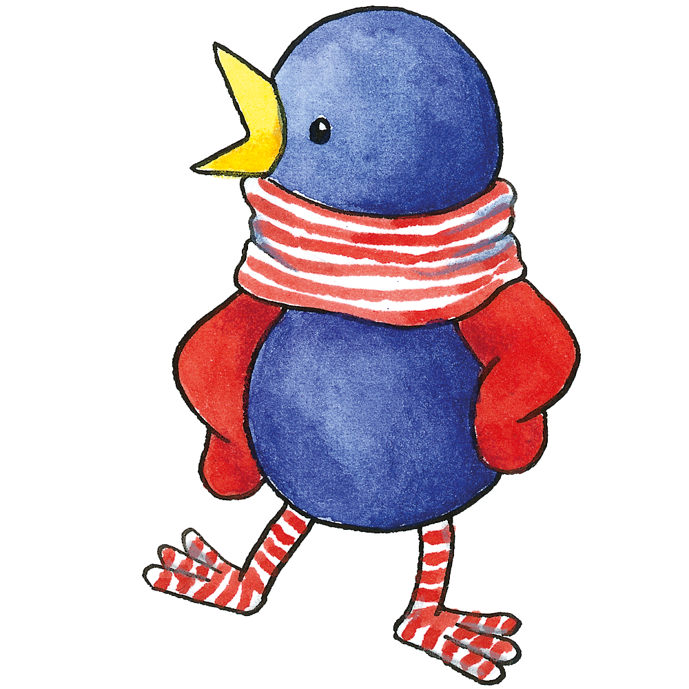 Finki | Leitfigur aus "Finki, ich und wir" zur Sprachförderung in der Kita Illustration lustiger blauer Vogel "Finki" mit offenem Schnabel und gestreiftem Schal
