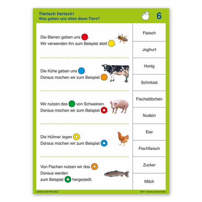 Unsere Lebensmittel | LOGICO-Set PICCOLO | ab 2. Klasse | Beispielkarte „Was geben uns alles diese Tiere?“ | 3377