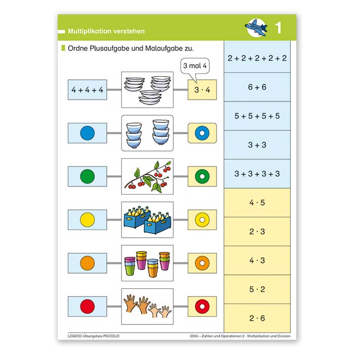 Zahlen und Operationen 2 Zahlenraum bis 100 | LOGICO-Uebungsbox PICCOLO | Beispielkarte Multiplikation verstehen | 3355