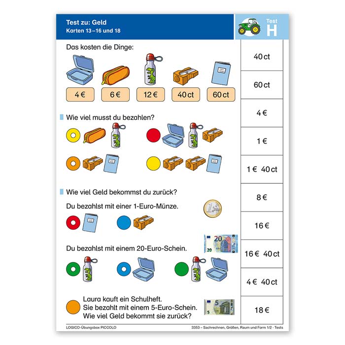 Sachrechnen, Groessen, Raum und Form 1 und 2 | LOGICO-Uebungsbox PICCOLO | Testkarte zum Rechnen mit Geld | 3353