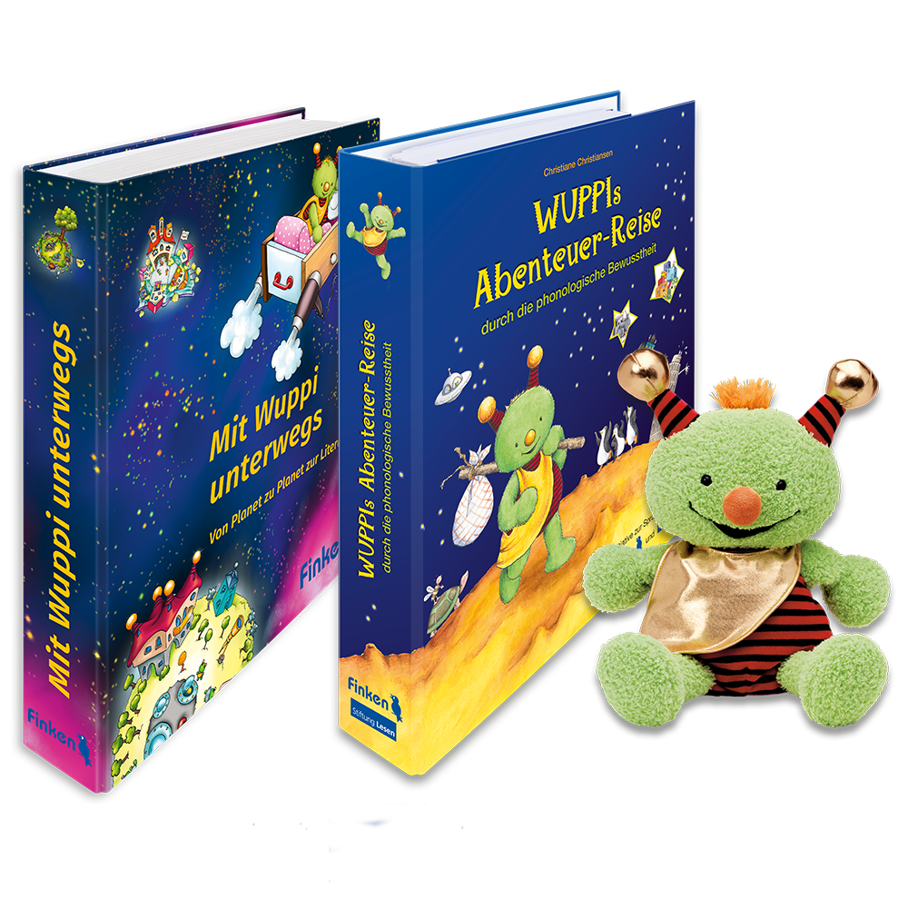 Wuppi-Materialordner zur Sprachförderung in Kita und Vorschule Zwei Materialordner mit einer Plüsch-Handpuppe. Die Handpuppe ist ein kleiner grüner lachender Außeriridischer