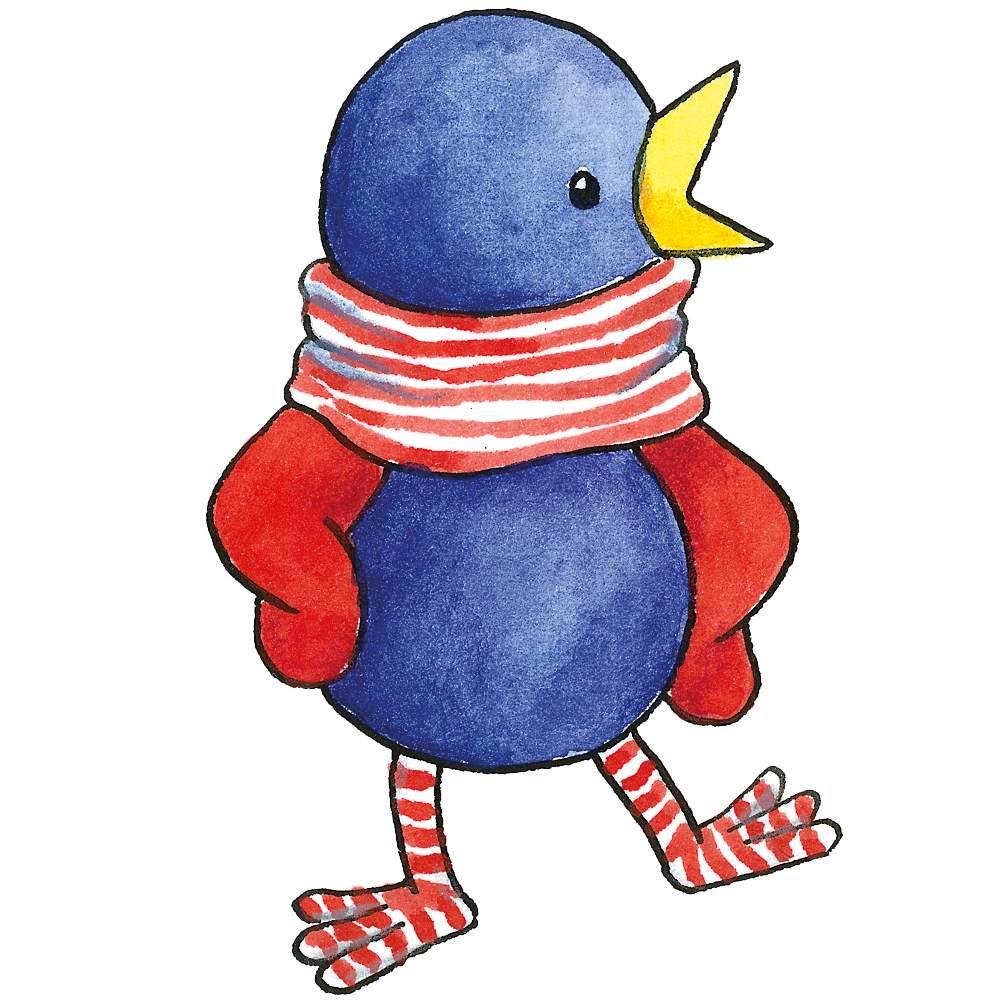 Finki | Leitfigur aus "Finki, ich und wir" zur Sprachförderung in der Kita Illustration lustiger blauer Vogel "Finki" mit offenem Schnabel und gestreiftem Schal
