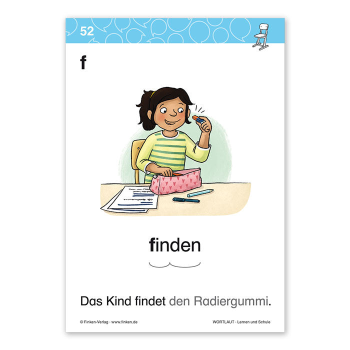 Vorderseite der Wortbildkarte zum Verb „finden“ aus dem Materialpaket „Wortlaut“