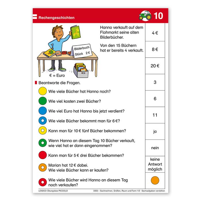 Sachrechnen, Groessen, Raum und Form 1 und 2 | LOGICO-Uebungsbox PICCOLO | Beispielkarte Rechengeschichten | 3353