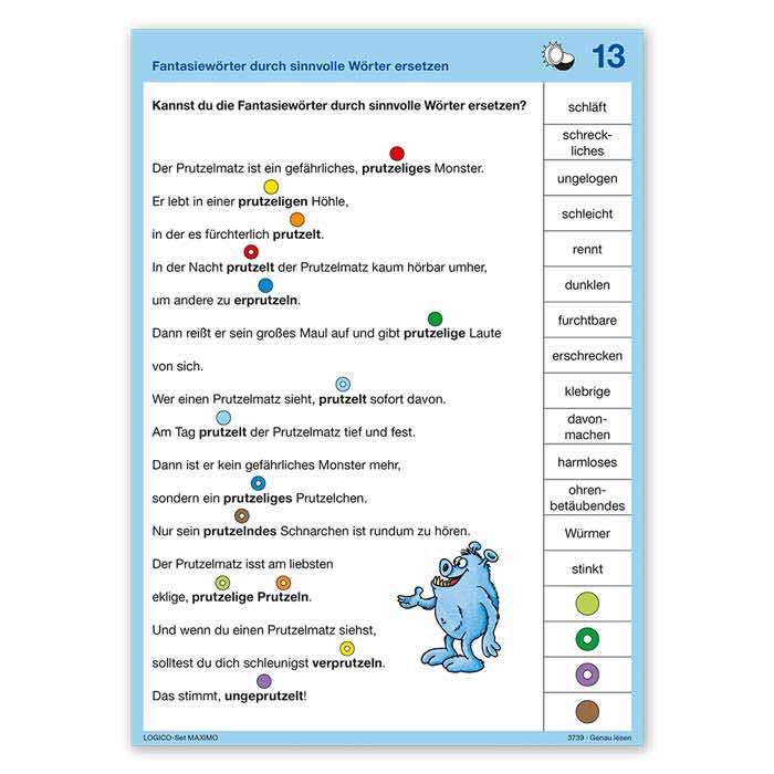 Genau lesen | LOGICO-Set MAXIMO | ab 3. Klasse | Beispielkarte „Fantasiewoerter durch sinnvolle Woerter ersetzen“ | 3739