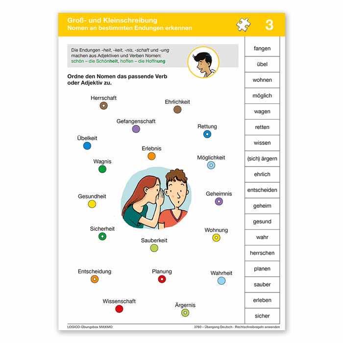 Uebergang Deutsch - Testen und wiederholen | LOGICO-Uebungsbox MAXIMO | Beispielkarte Beispielkarte Gross- und Kleinschreibung Nomen an bestimmten Endungen erkennen | 3760