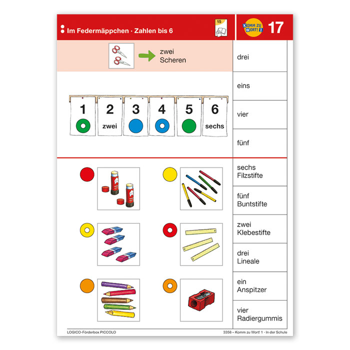 Zahlen bis 6, Federklemmen, Klebestifte, Lineale, Radiergummis,
