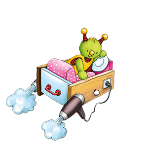 Wuppi | Leitfigur aus "Wuppis Abenteuerreise" und "Mit Wuppi unterwegs" Illustration von Wuppi, dem kleinen grünen Außerirdischen in einem selbstgebauten Raumschiff
