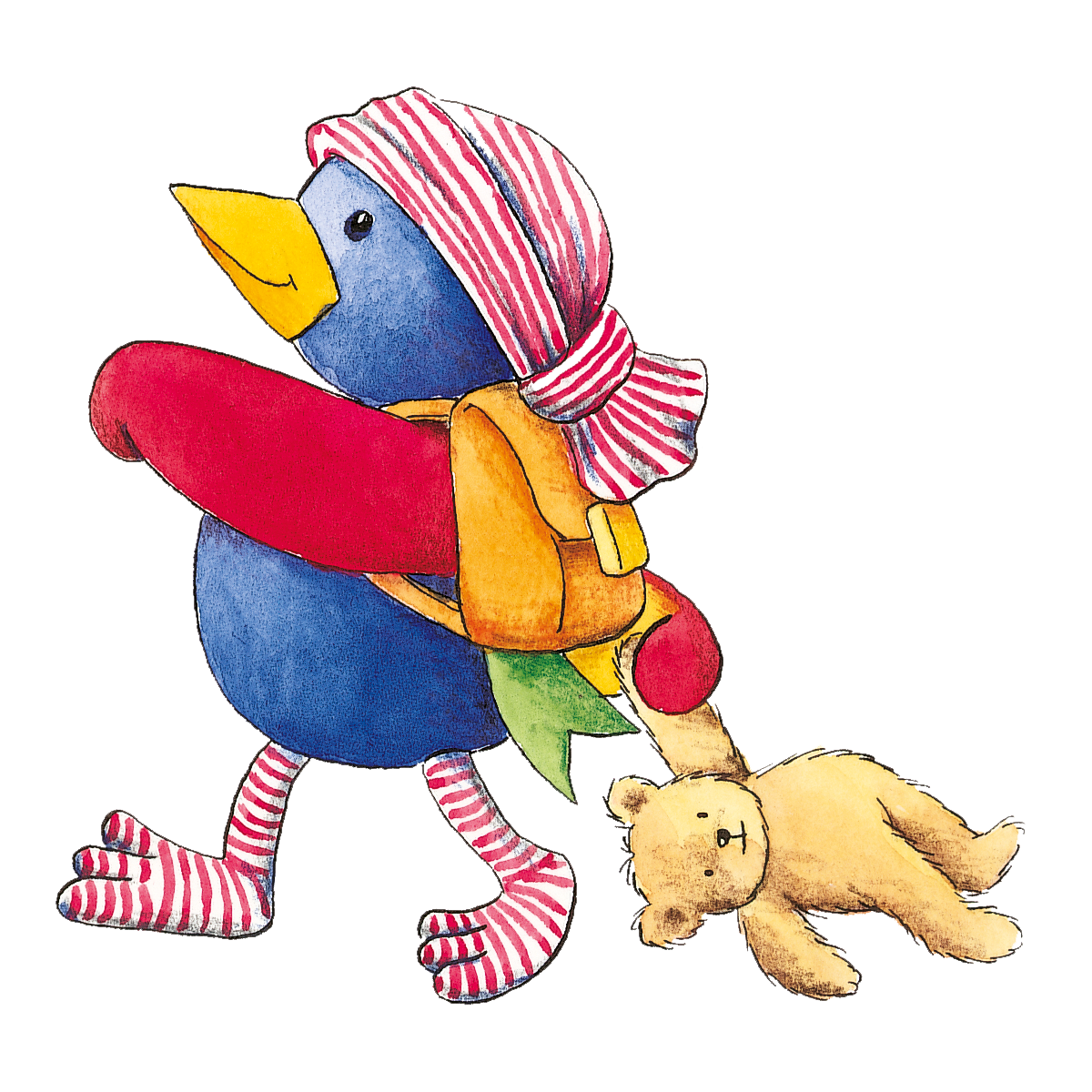 Finki | Leitfigur aus LOGICO PRIMO Vorschulbox zur Sprachförderung Illustration lustiger blauer Vogel "Finki" geht in die Vorschule mit Rucksack und Teddy und gestreifter Mütze