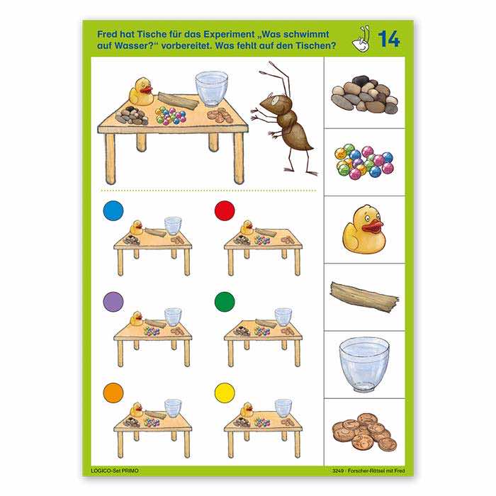 Forscher-Raetsel mit Fred | LOGICO-Set PRIMO | ab 5 Jahren | Beispielkarte „Was fehlt auf den Tischen?“ | 3249 Forscher-Raetsel mit Fred | LOGICO-Set PRIMO | ab 5 Jahren | Beispielkarte „Was fehlt auf den Tischen?“ | 3249
