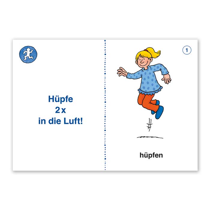 Bewegungskarte aus der Spielesammlung Komm zu Wort! Das Spiel | Aufforderung „Hüpfe zweimal in die Luft“ mit einer farbigen Illustration | Motiv:  Kind hüpft hoch,  beide Beine sind in der Luft