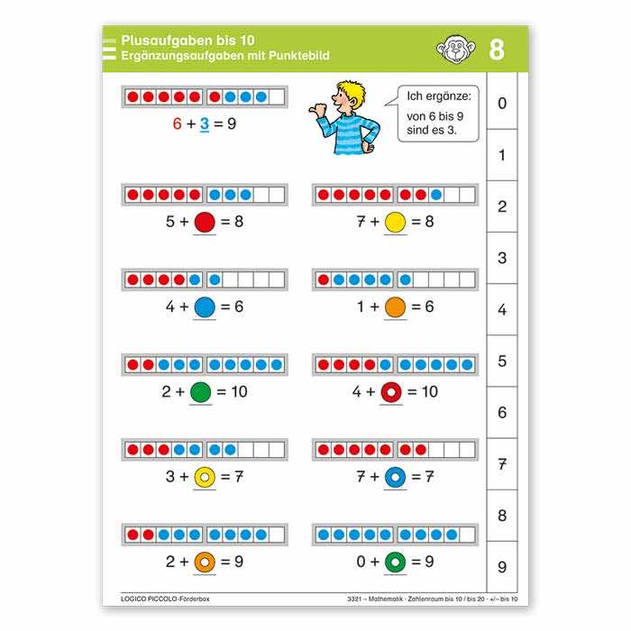 Mathematik Zahlenreihen bis 10 und bis 20 | LOGICO Foerderbox PICCOLO | Beispielkarte Plusaufgaben bis 10 | 3321