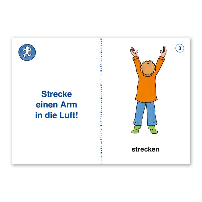 Bewegungskarte aus der Spielesammlung Komm zu Wort! Das Spiel | Aufforderung „Strecke einen Arm in die Luft!“ mit einer farbigen Illustration | Motiv:  Kind streckt beide Arme in die Luft und steht auf Zehenspitzen