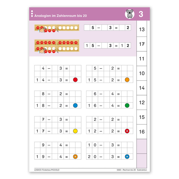 Rechnen bis 20 | LOGICO-Foerderbox PICCOLO | Beispielkarte Analogien im Zahlenraum bis 20 | 3363