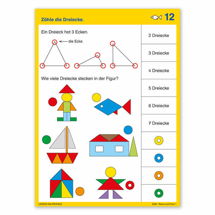 Raum und Form 1 | LOGICO-Set PICCOLO | ab 1. Klasse | Beispielkarte „Zaehle die Dreiecke“ | 3385