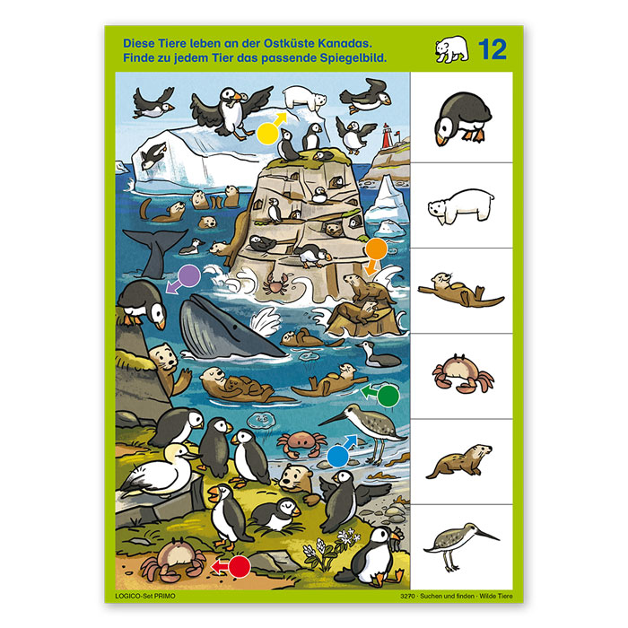 Suchen und finden – Wilde Tiere | LOGICO-Set PRIMO |ab 5 Jahren |Beispielkarte „Finde zu jedem Tier das passende Spiegelbild“ | 3270