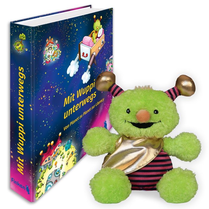 Bunter Materialordner "Mit Wuppi unterwegs"  und einer sitzenden grünen Handpuppe | bunte kindliche Illustrationen des Weltalls mit Planeten | 1082
