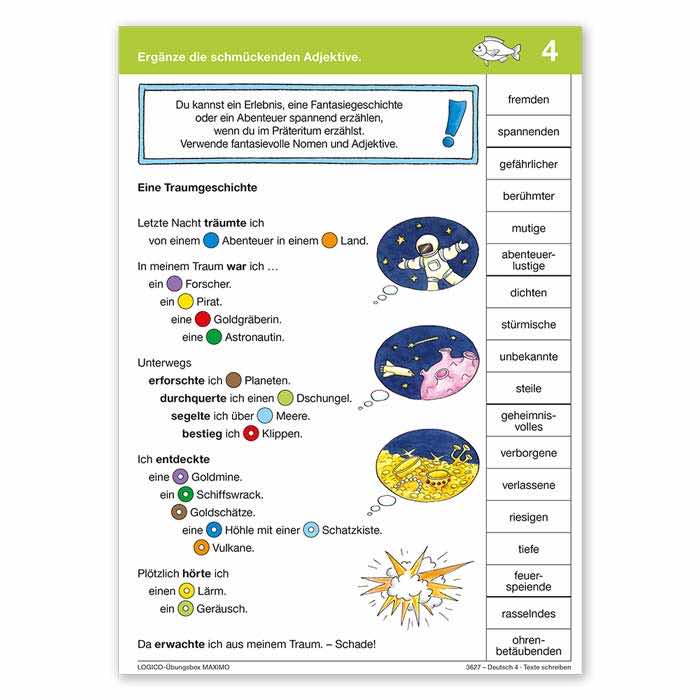 Deutsch 4 | LOGICO-Uebungsbox MAXIMO | Beispielkarte Ergaenze die schmueckenden Adjektive | 3627 Deutsch 4 | LOGICO-Uebungsbox MAXIMO | Beispielkarte Ergaenze die schmueckenden Adjektive | 3627