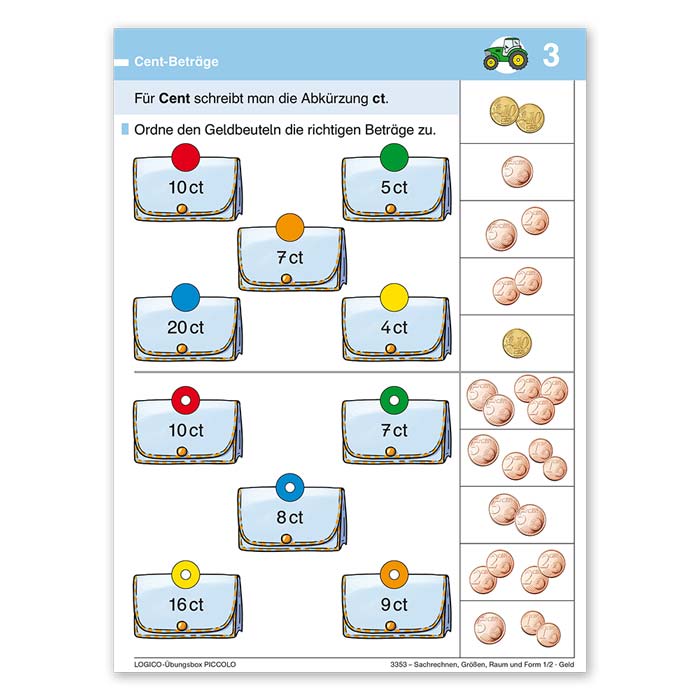 Sachrechnen, Groessen, Raum und Form 1 und 2 | LOGICO-Uebungsbox PICCOLO | Beispielkarte Cent-Betraege | 3353