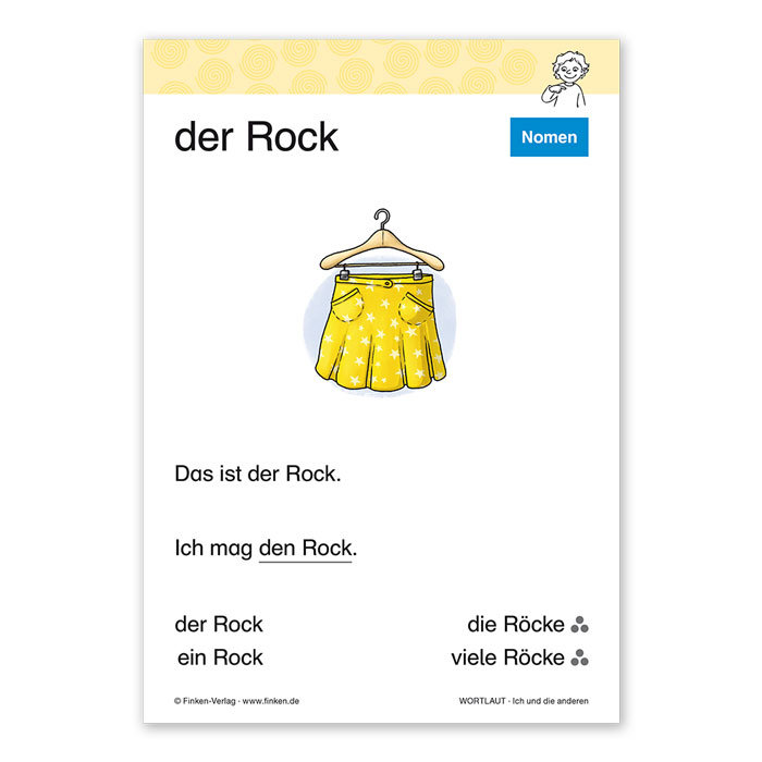 Rückseite der Wortbildkarte zum Nomen „der Rock“ aus dem Materialpaket „Wortlaut“