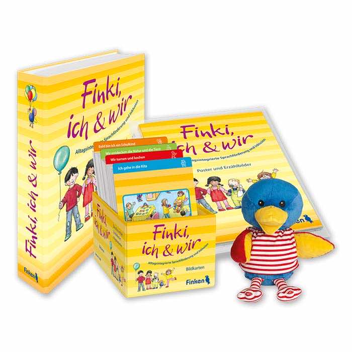 Materialpaket "Finki, ich & wir" zur Sprachförderung in der Kita Materialpaket Finki, ich und wir |Ordner, Bildkarten-Box, Sammelmappe mit Postern, Handpuppe Finki