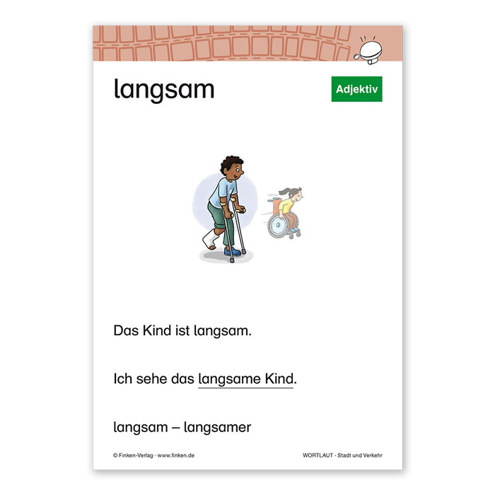 Rückseite der Wortbildkarte zum Adjektiv „langsam“ aus dem Materialpaket „Wortlaut“