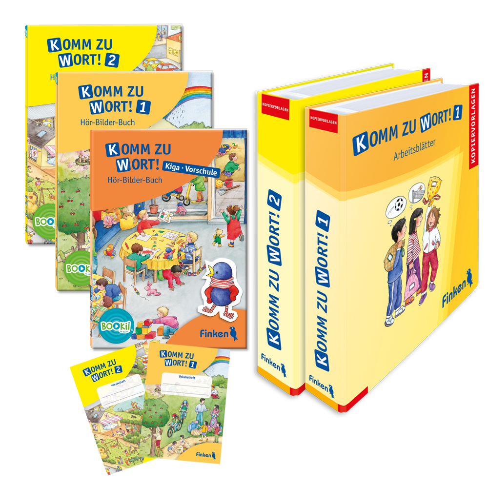 Die Bestandteile der Reihe "Komm zu Wort! " Hör-Bilder-Bücher, Kopiervorlagen-Ordner und Vokabelheft aus der Reihe Komm zu Wort