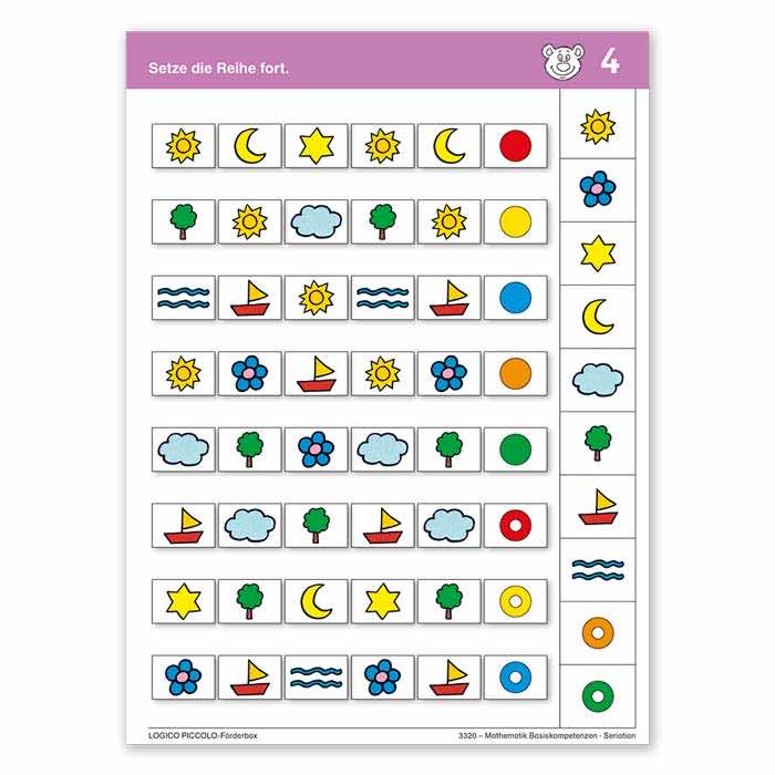 Mathematik Basiskompetenzen | LOGICO-Foerderbox PICCOLO | Beispielkarte Setze die Reihe fort | 3320