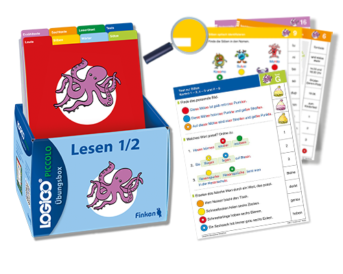 Zu den LOGICO-Uebungsboxen LOGICO-Uebungsbox mit LOGICO-Rahmen und Beispielkarten. Detailansicht auf Markeirung der Differenzierung