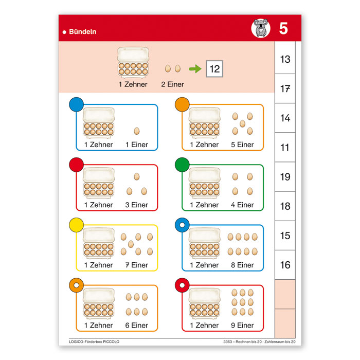 Rechnen bis 20 | LOGICO-Foerderbox PICCOLO | Beispielkarte Zehner und Einer buendeln | 3363