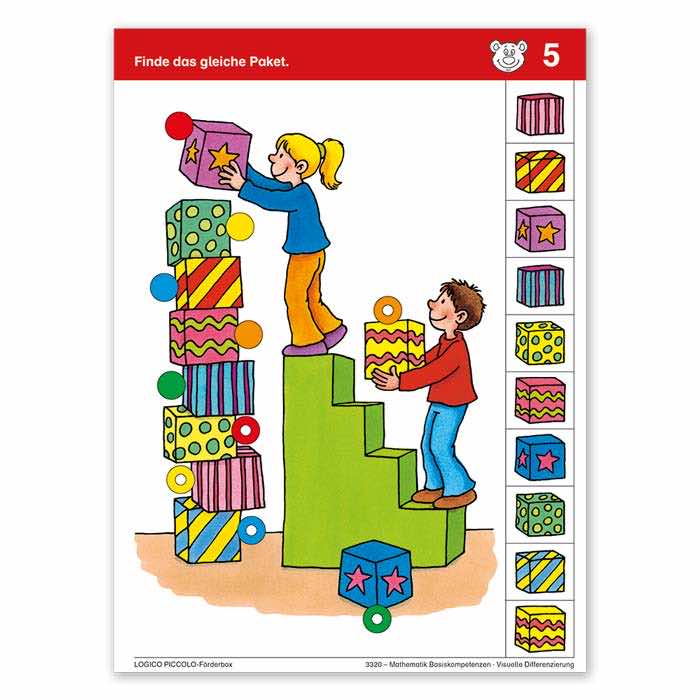 Mathematik Basiskompetenzen | LOGICO-Foerderbox PICCOLO | Beispielkarte Finde das gleiche Paket | 3320