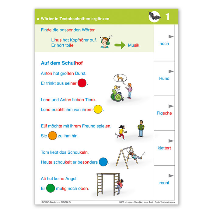Lesen – Vom Satz zum Text | LOGICO Foerderbox PICCOLO | Woerter in Textabschnitten ergaenzen | 3359