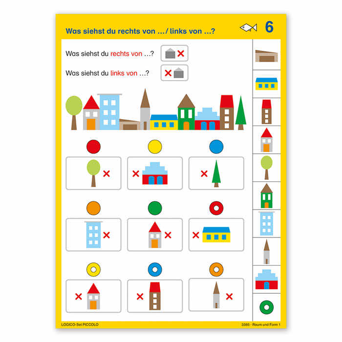 Raum und Form 1 | LOGICO-Set PICCOLO | ab 1. Klasse | Beispielkarte „Was siehst du rechts von… links von …“ | 3385