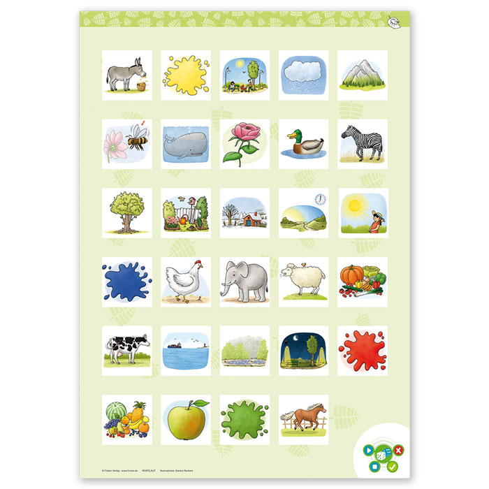 Spielvorlagen-Poster mit 29 farbigen Illustrationen in sechs Reihen aus dem Materialpaket "Wortlaut"