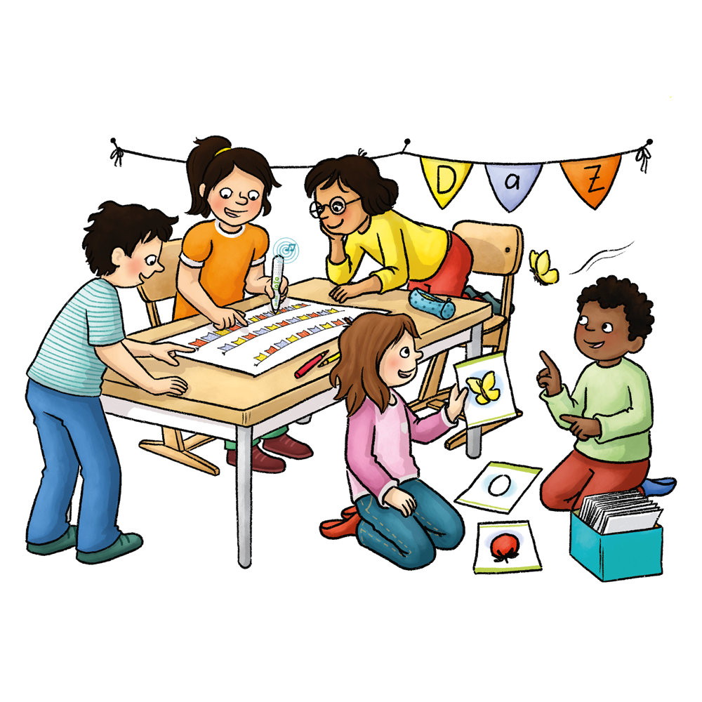 Illustration Kinder sitzen und stehen um einen Tische und spielen mit Bildkarten