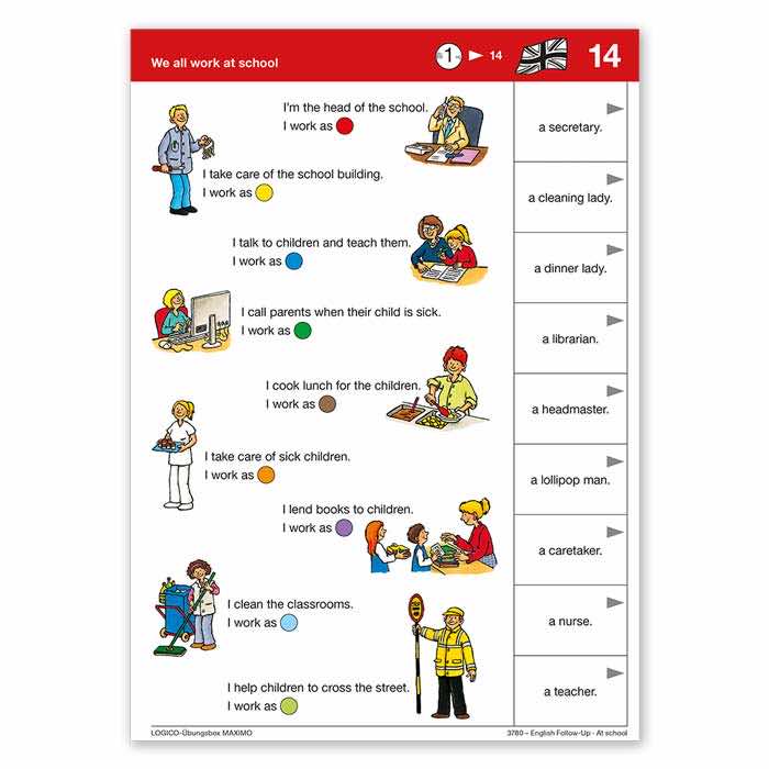 English Follow Up | LOGICO-Uebungsbox MAXIMO | Beispielkarte We all work at school | 3780