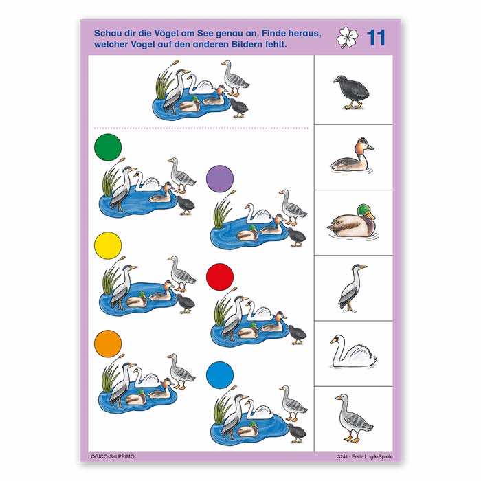 Erste Logik-Spiele | LOGICO-Set PRIMO | ab 3 Jahren | Beispielkarte „Finde heraus, welcher Vogel fehlt.“ | 3241