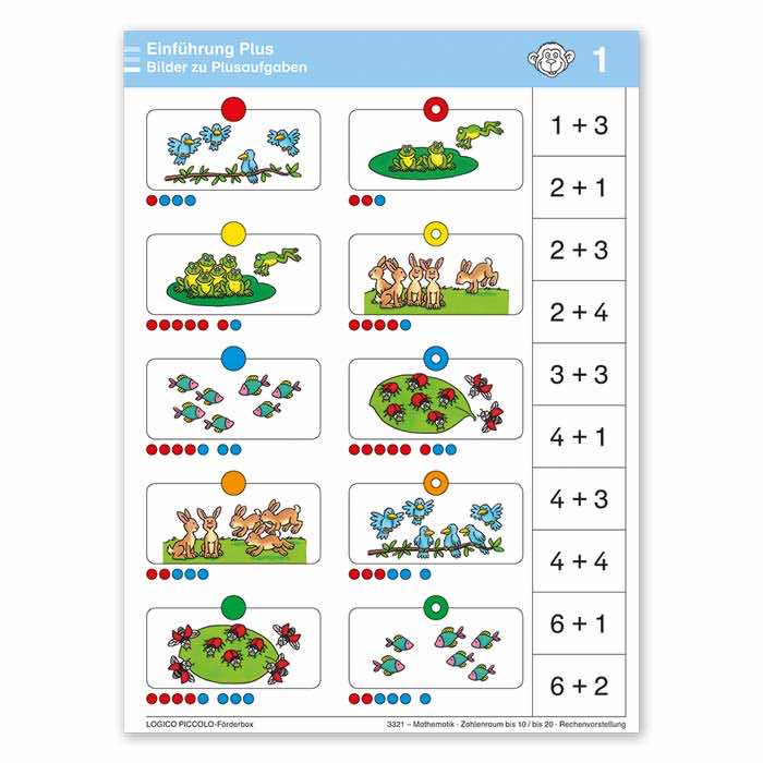 Mathematik Zahlenreihen bis 10 und bis 20 | LOGICO Foerderbox PICCOLO | Beispielkarte Plusaufgaben | 3321