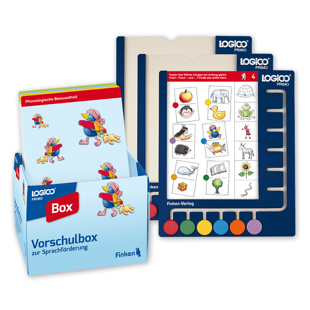 Logico Primo Vorschulbox zur Sprachförderung von Finken-Verlag. Es ist ein Lernspiel für Kinder im Vorschulalter, das die phonologische Bewusstheit fördert