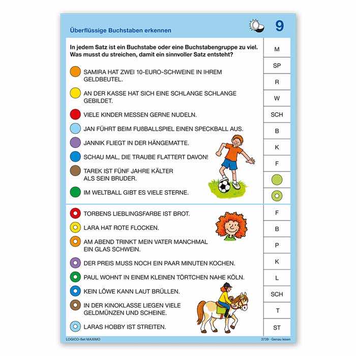 Genau lesen | LOGICO-Set MAXIMO | ab 3. Klasse | Beispielkarte „Ueberfluessige Buchstaben erkennen“ | 3739